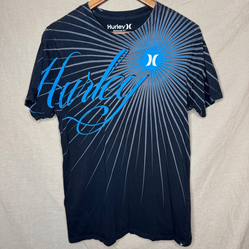 Y2K Hurley Mens Premium Fit Graphic T-Shirt Black Blue Sunburst Grunge Skater M